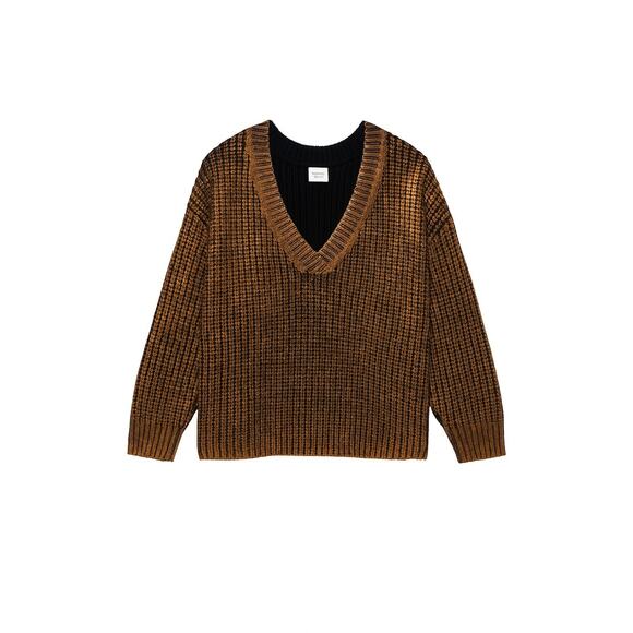 BiBi Metallic Bronze Ribbed Sweater | Shimmer Knit V-Neck Pullover | Cozy... - Picture 1 of 10